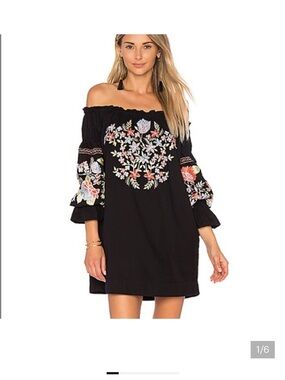 Free People Black Off-Shoulder Floral Embroidered Long Sleeve Dress